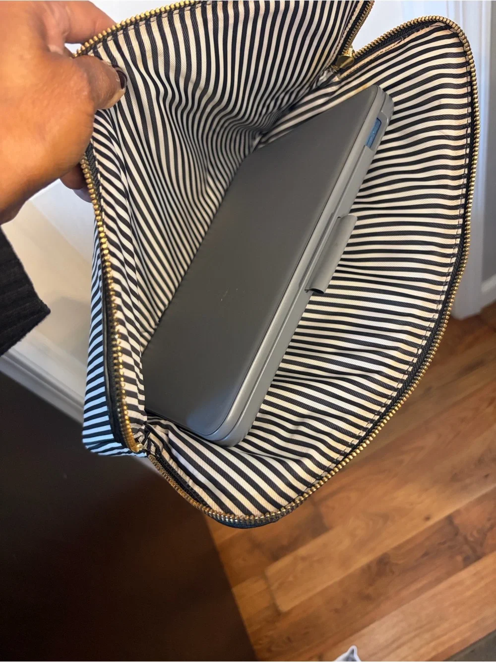 kate spade Black and White Vertical Stripe Laptop Sleeve with Gold Logo